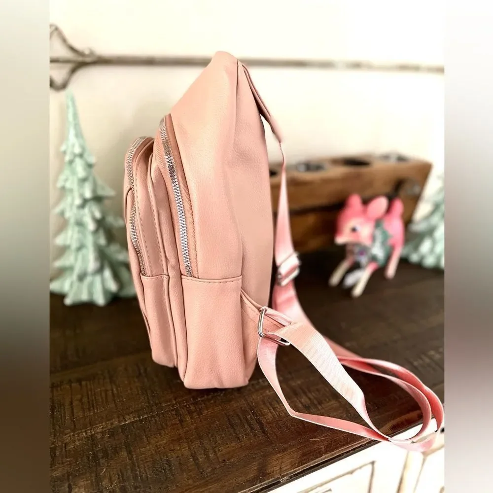 PINK FAUX LEATHER SMALL SLING BACKPACK NWT